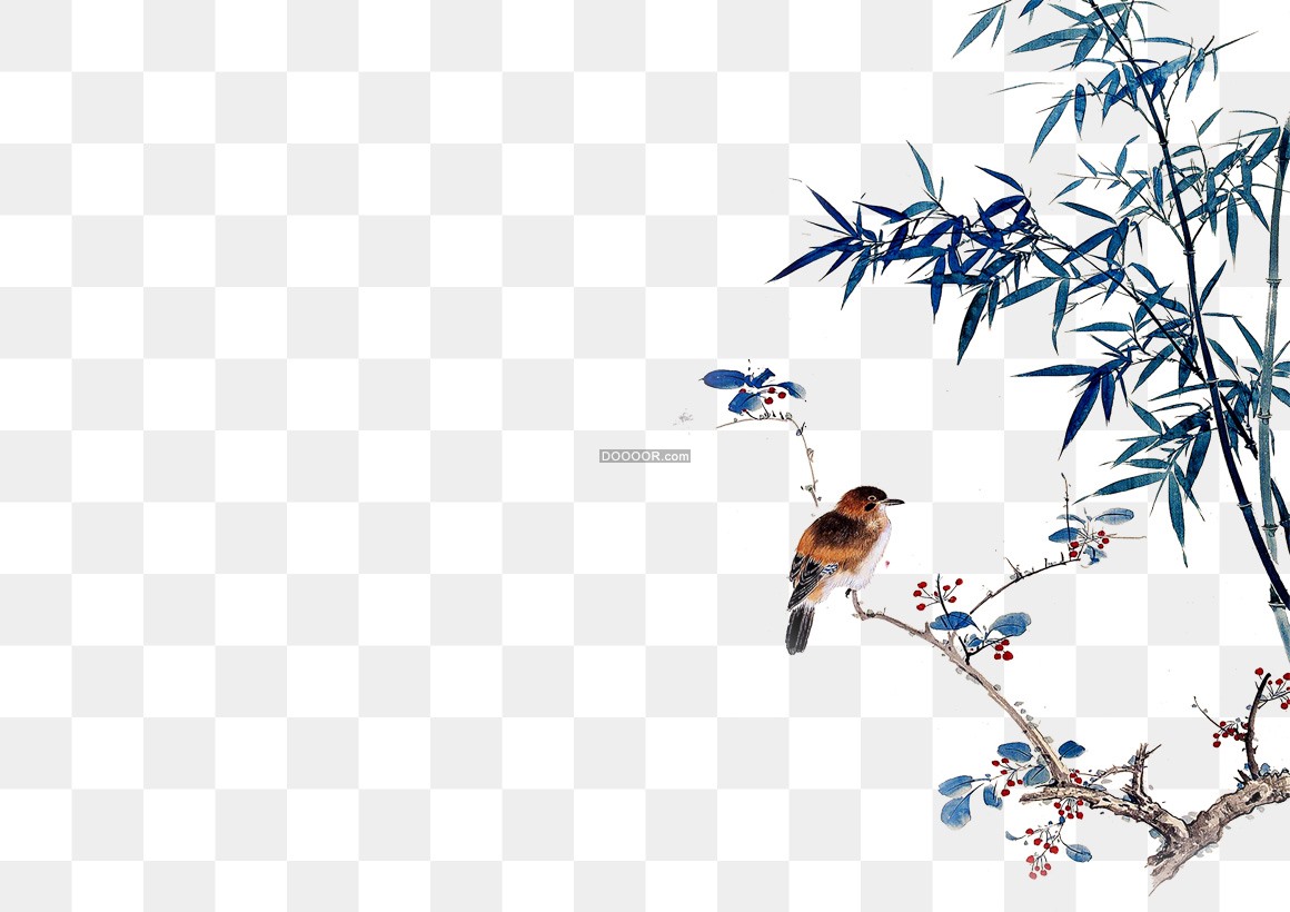 01513_中国风水彩画写生一只鸟儿站在树枝上后面是竹林透明png素材.