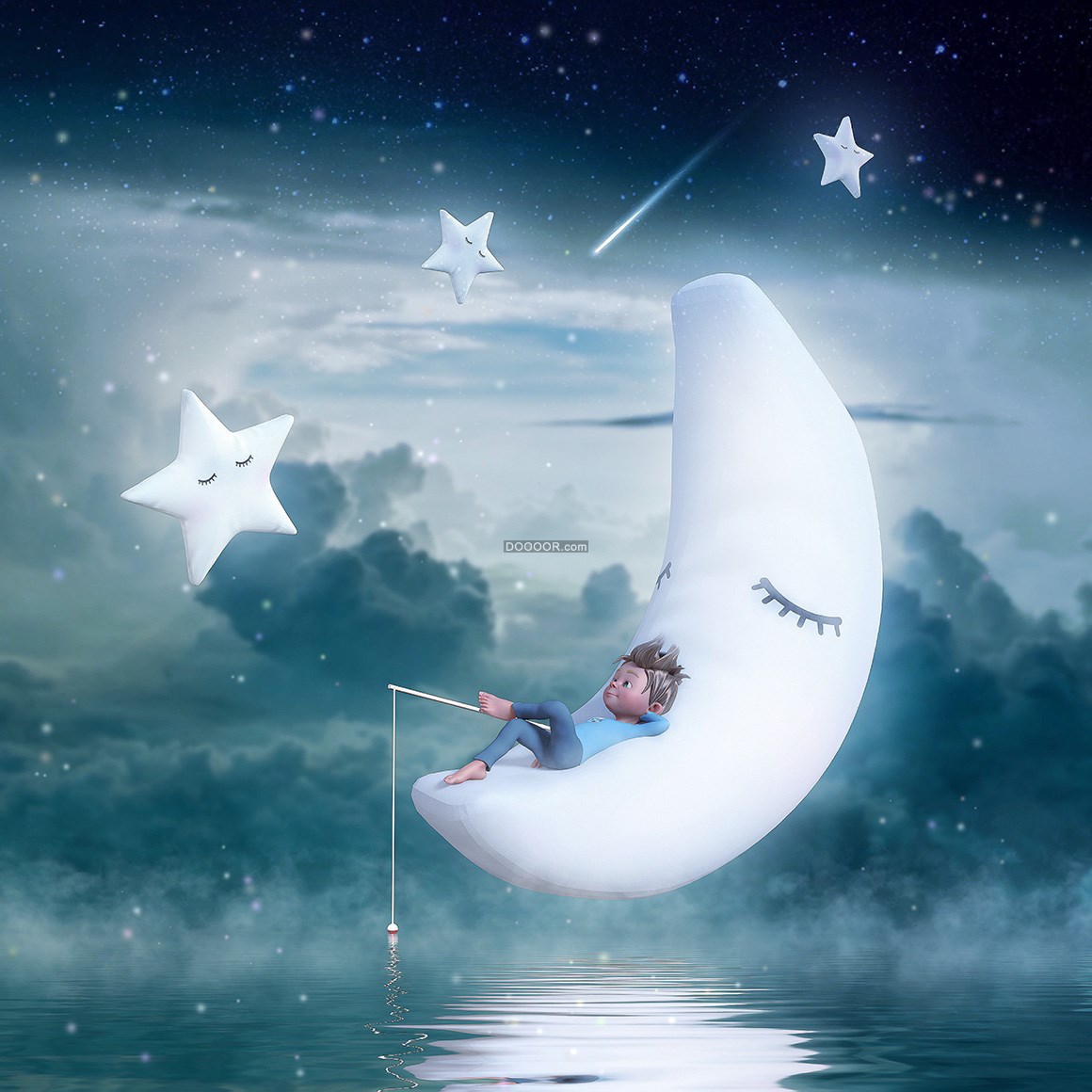幻想世界一个小男孩躺在月亮上面垂钓背景花纹素材设计
