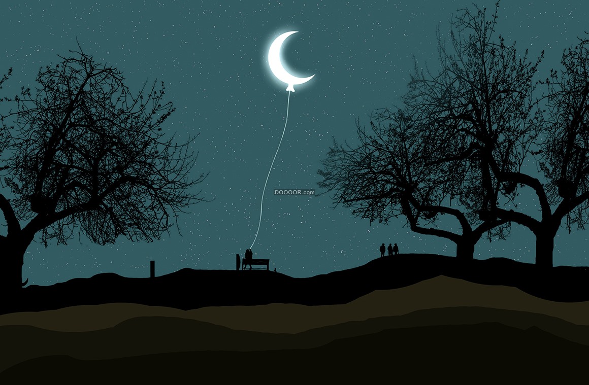 卡通风格一轮弯弯月亮漫天的繁星孤单的树木