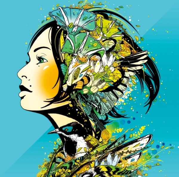 日本重彩色美女人物线条插画设计欣赏