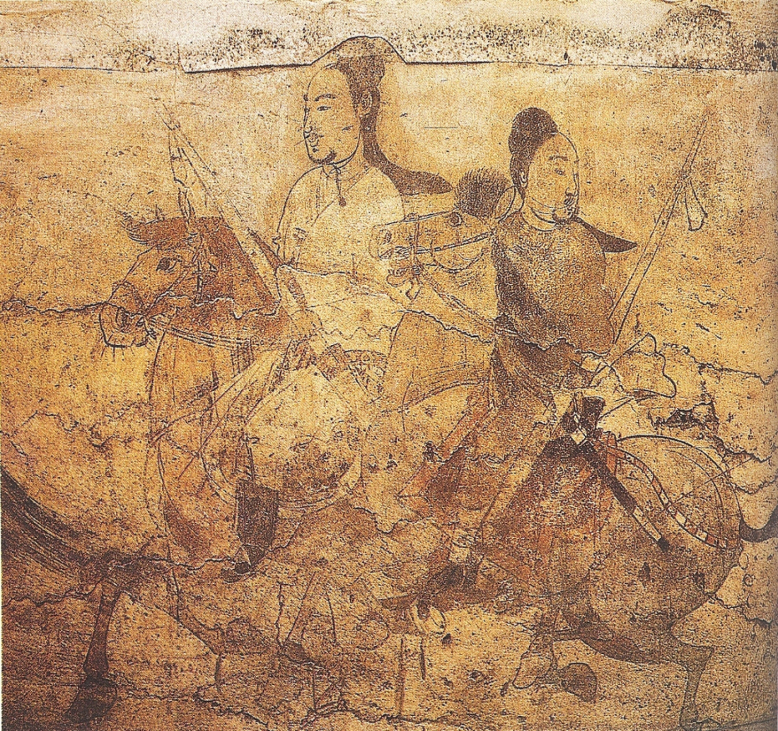 A scene of two horseback riders from a wall painting in the tomb of Lou Rui at Taiyuan, Shanxi, Nort ...