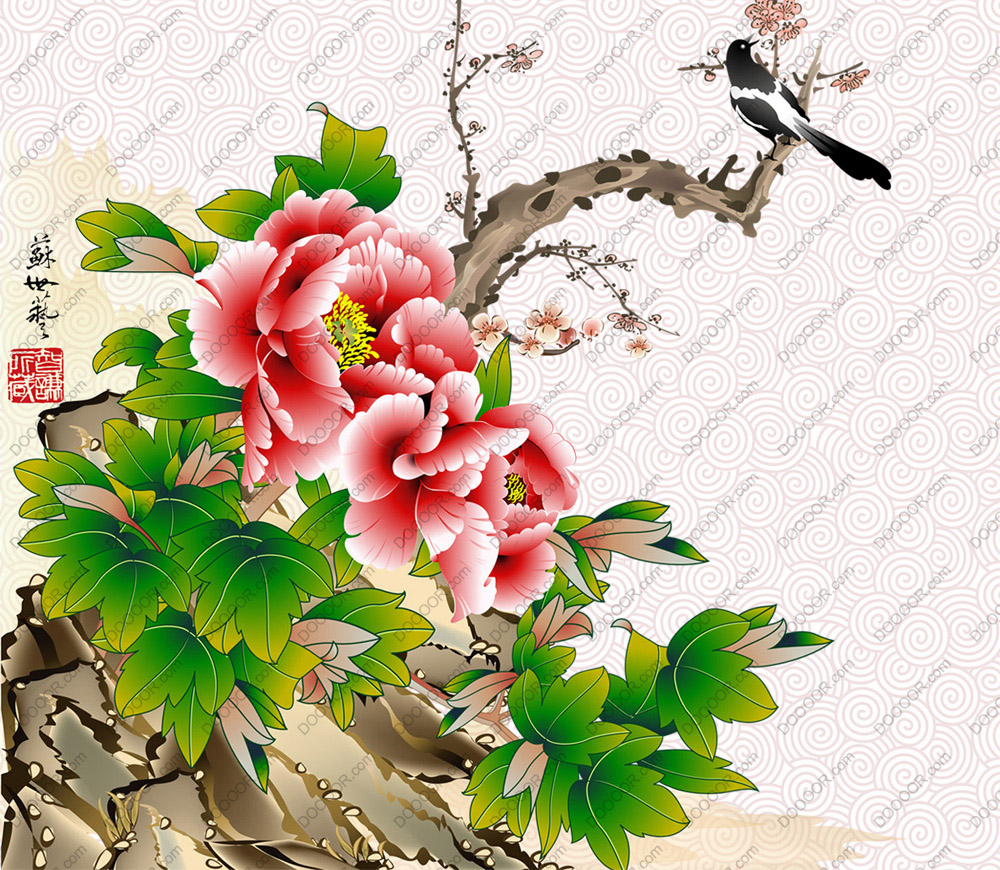牡丹红梅水墨图PSD分层素材-DOOOOR.jpg