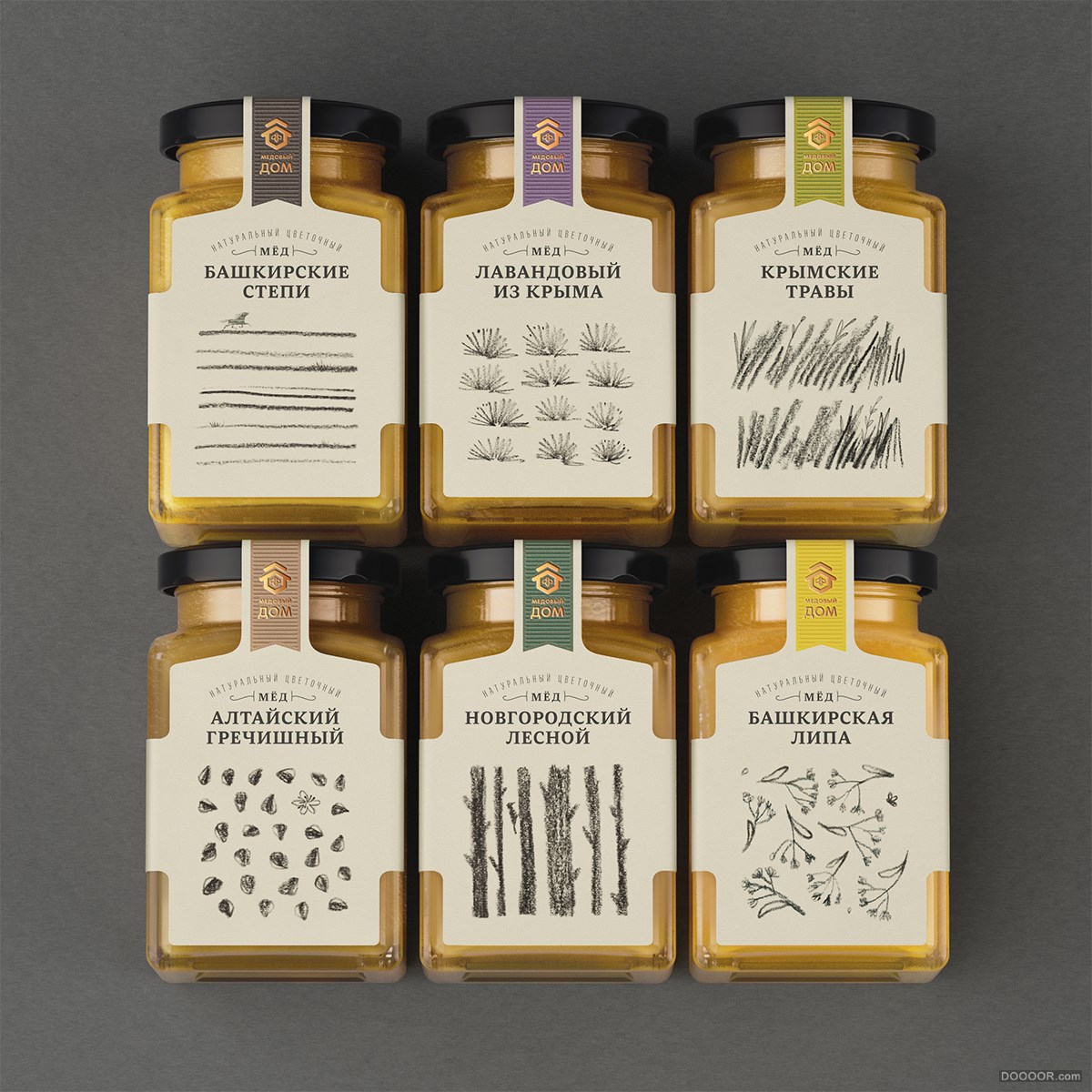 Honey House俄罗斯蜜房子铅笔手绘标签系列蜂蜜包装设计-Masha Ponomareva [7P] (1).jp.jpg