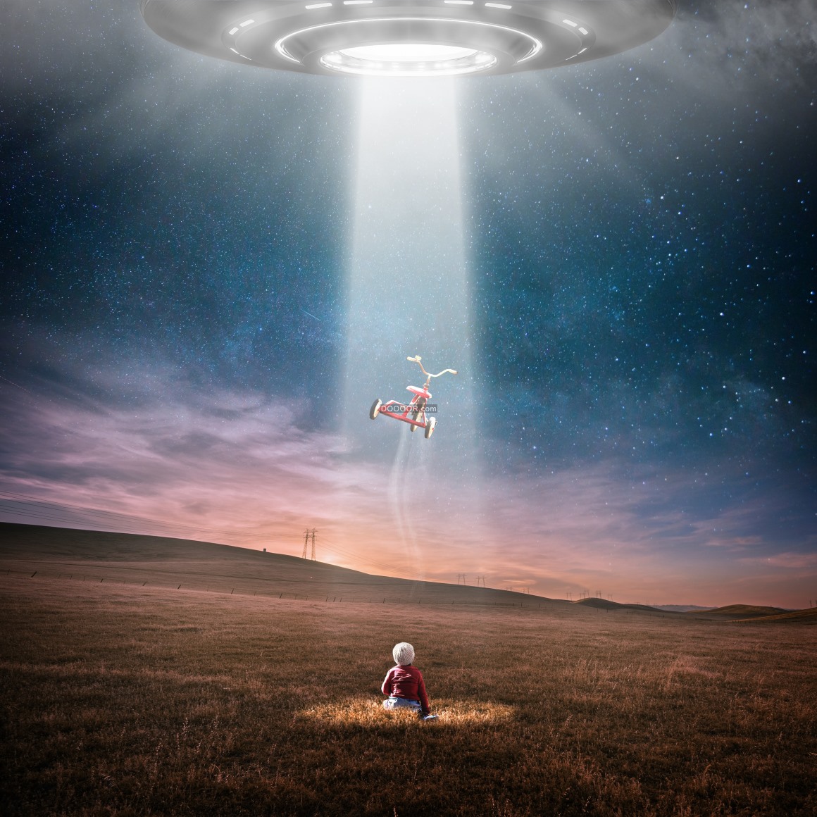00538_幻想世界一片航务草原上一个孩子的车子被不明飞行物的一束光带走.jpg.jpg