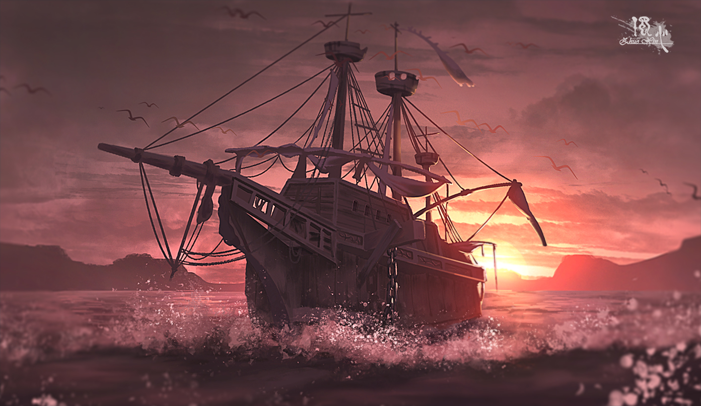 夕阳下的海船
