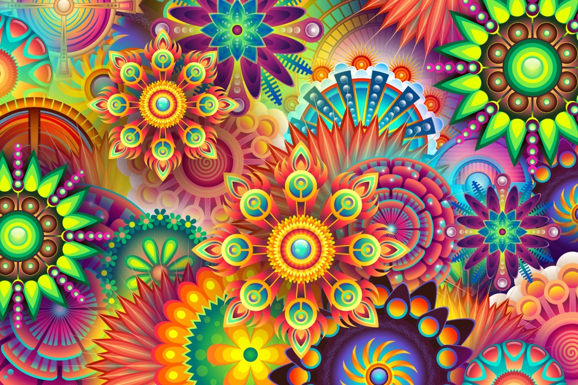 五彩斑斓的不同形状的图案聚集在一起色彩鲜艳背景花纹素材设计