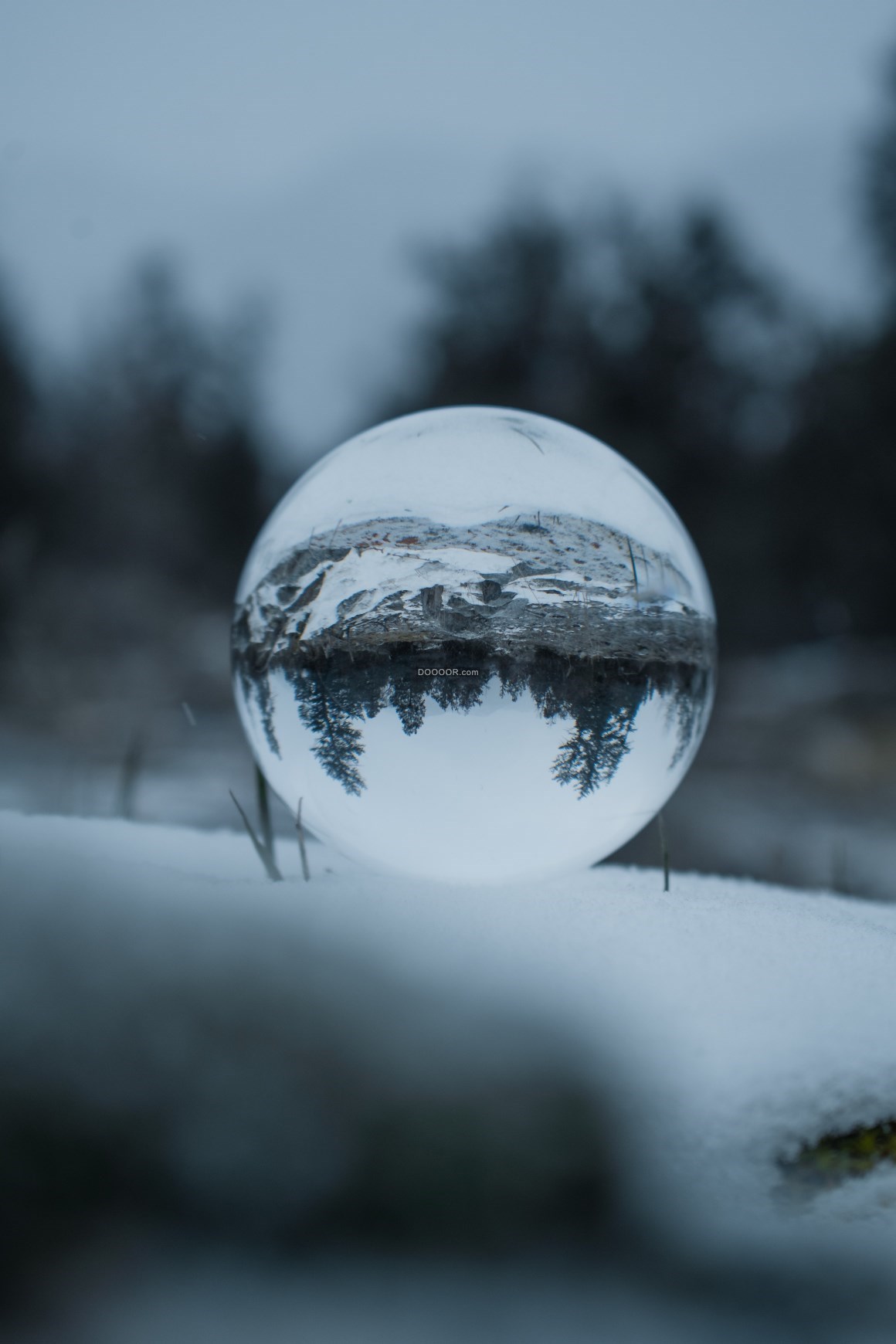 深冬时节白雪皑皑透过一个透明的玻璃水晶球倒映出远处的景色自然风景