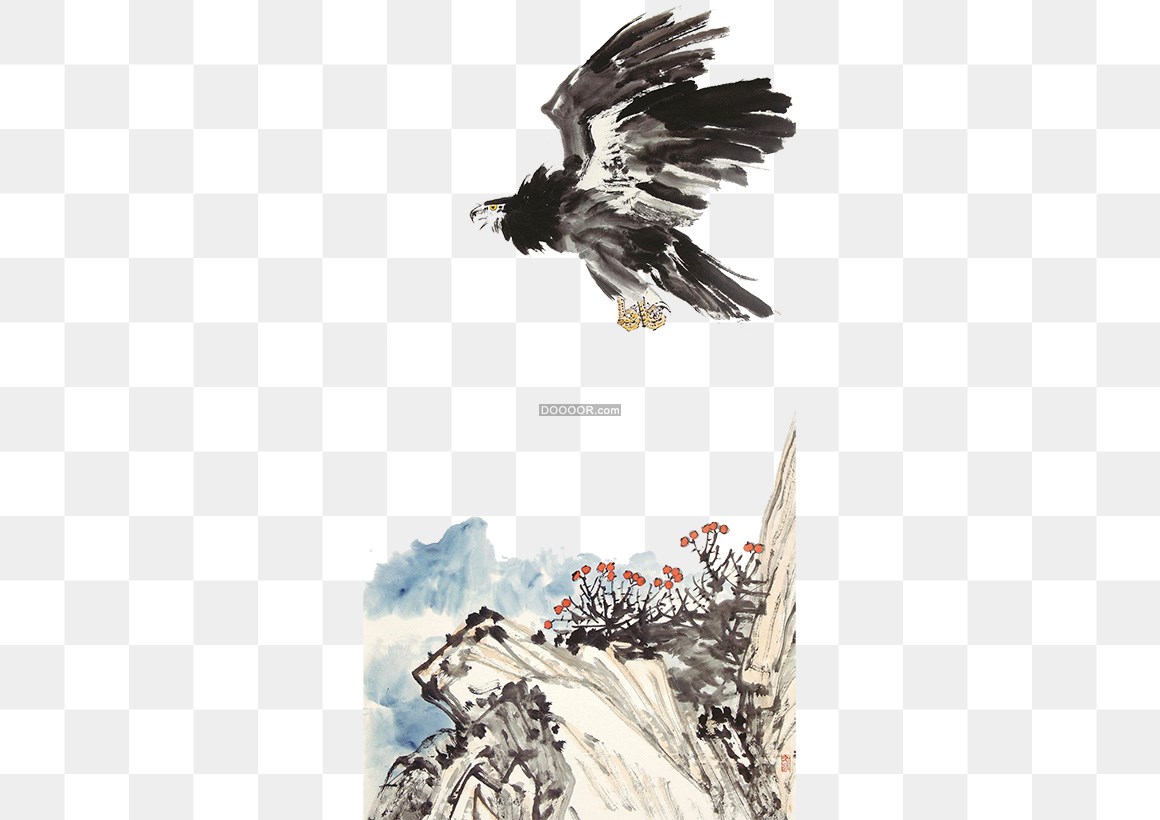 00546_中国风水墨画山顶上空一只飞舞的雄鹰高清PNG素材.jpg