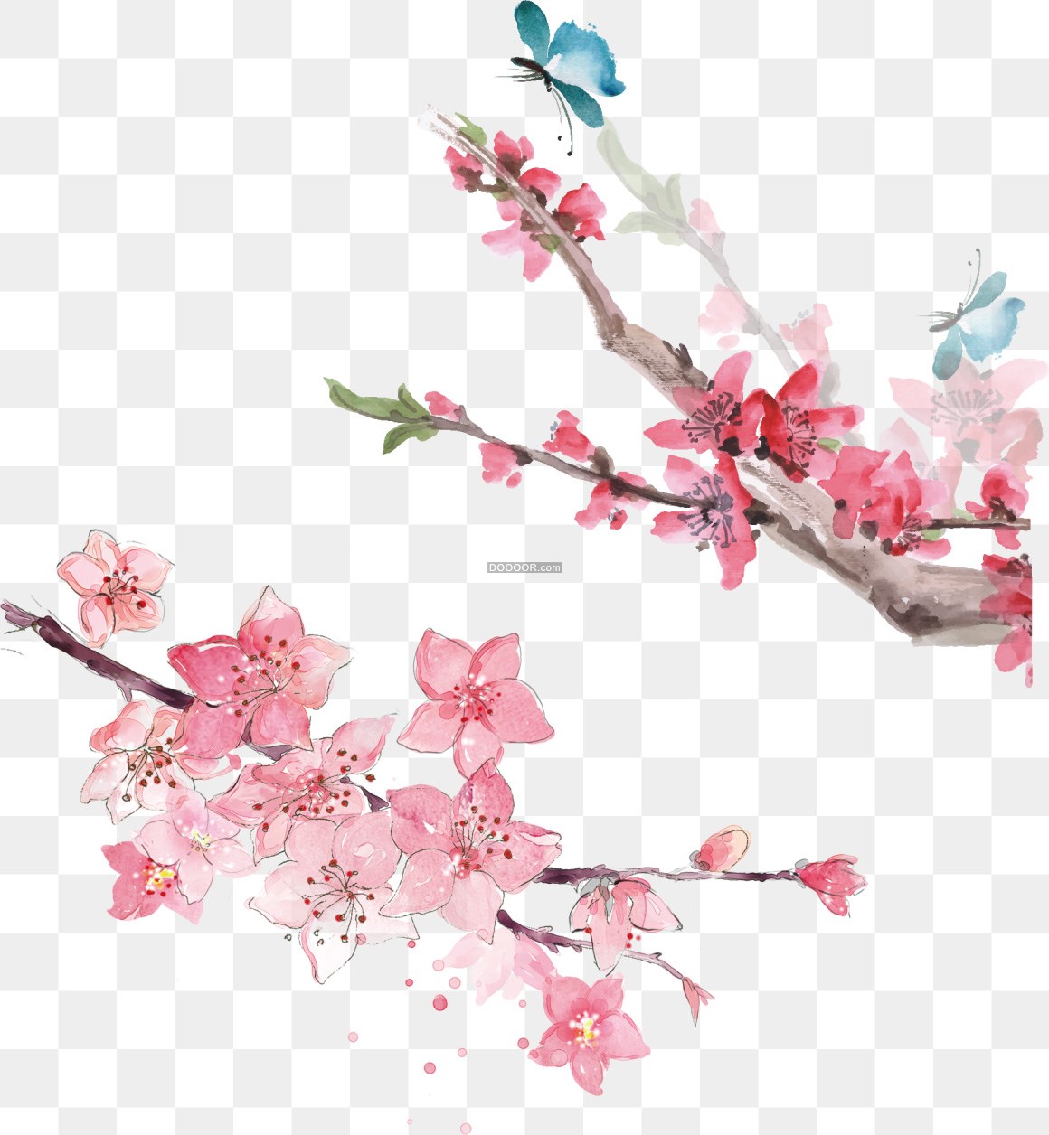 01371_简洁水彩画作品一株树木上绽放着粉色的花朵吸引蓝色的蝴蝶免抠PNG素材.jpg.jpg