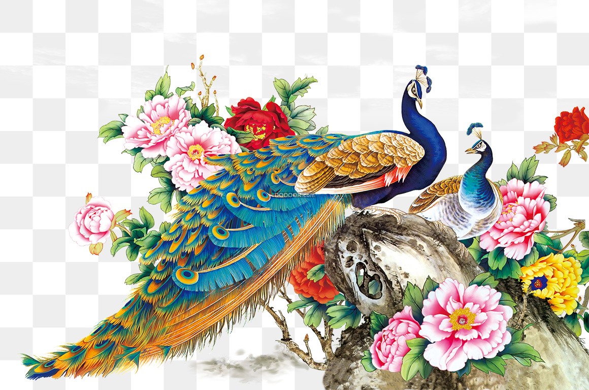 01509_中国风两只孔雀在盛开的花丛中透明PNG素材.jpg