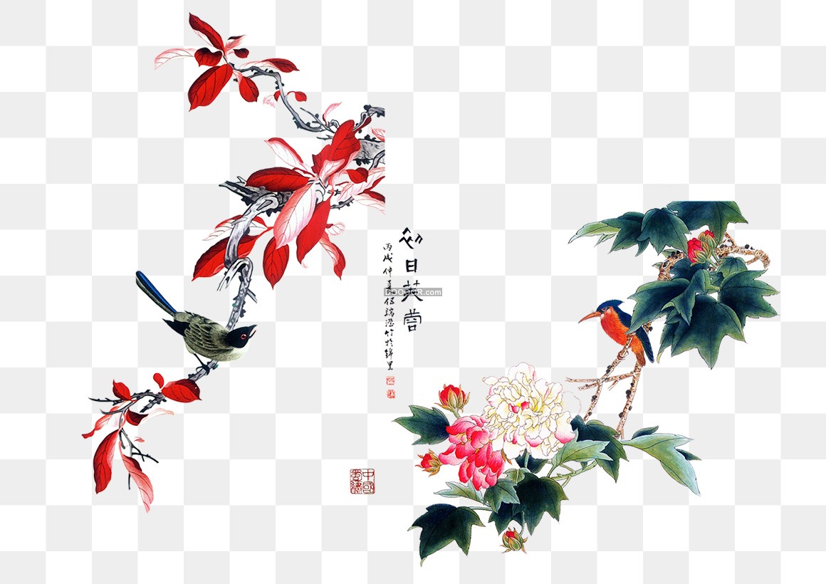 01517_中国风水彩画鸟儿在树上欢舞透明PNG素材.jpg