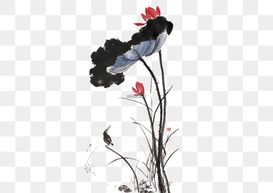 01855_中国风油墨画荷花翠鸟相映成趣透明PNG素材.jpg