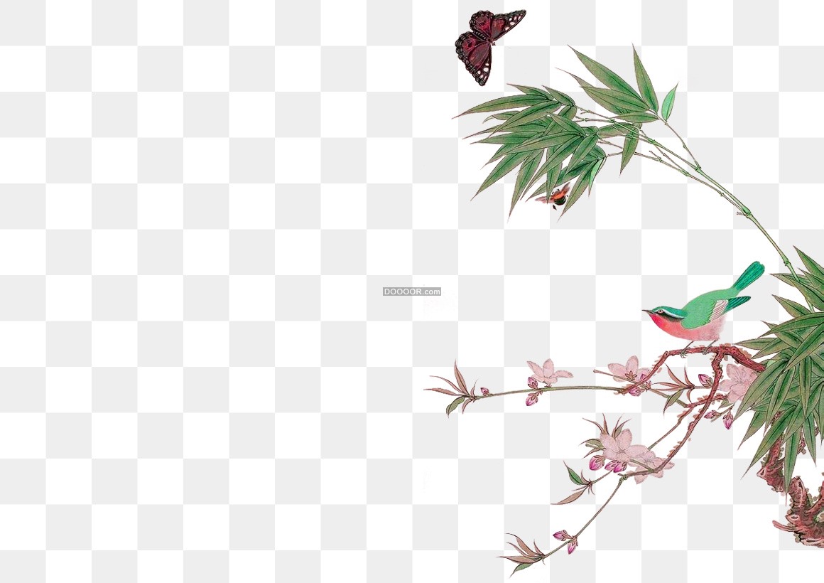 01865_花朵枝头的小鸟与翩翩起舞的蝴蝶免抠PNG素材.jpg
