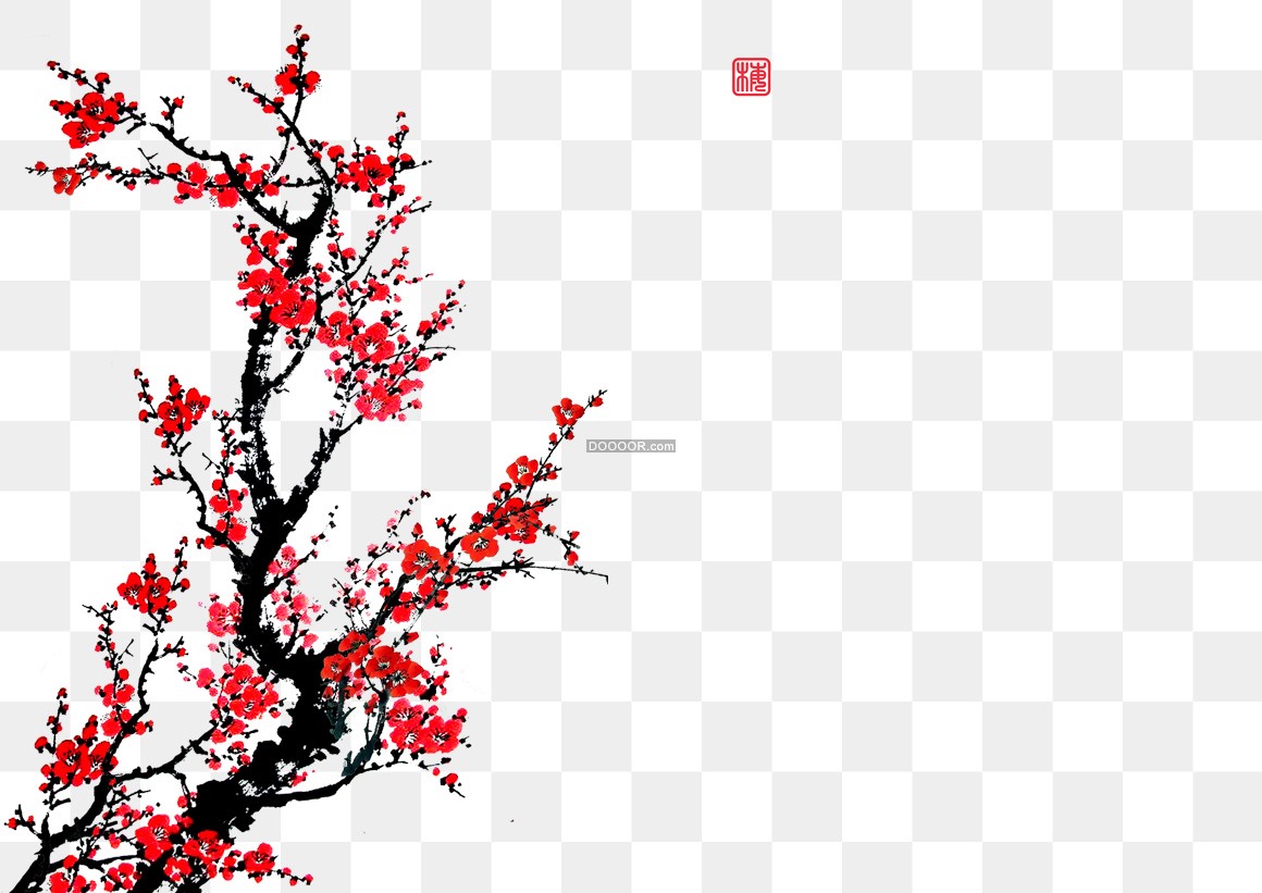 01972_红色的梅花绽放在枝头透明PNG素材.jpg