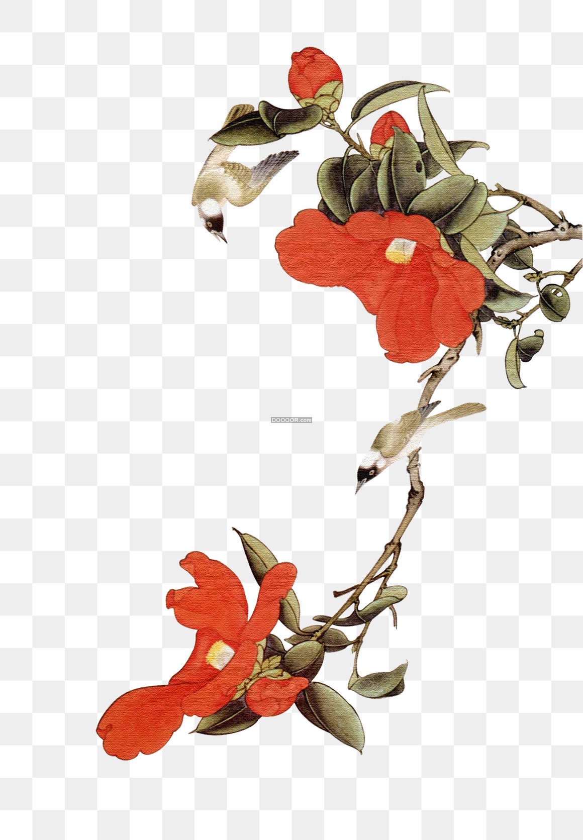 02167_水彩画素材盛开的花朵飞翔的鸟儿高清PNG素材.jpg