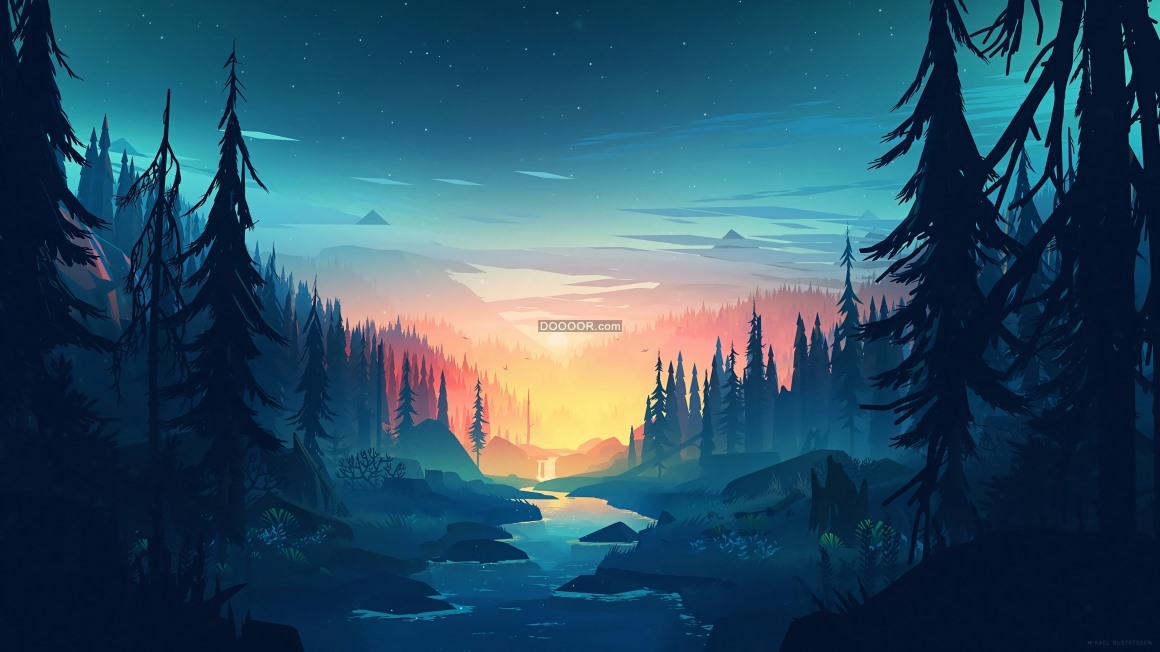 06687_夕阳的余晖照进树林里反射到缓缓流动的小河中美景画作作品.jpg.jpg