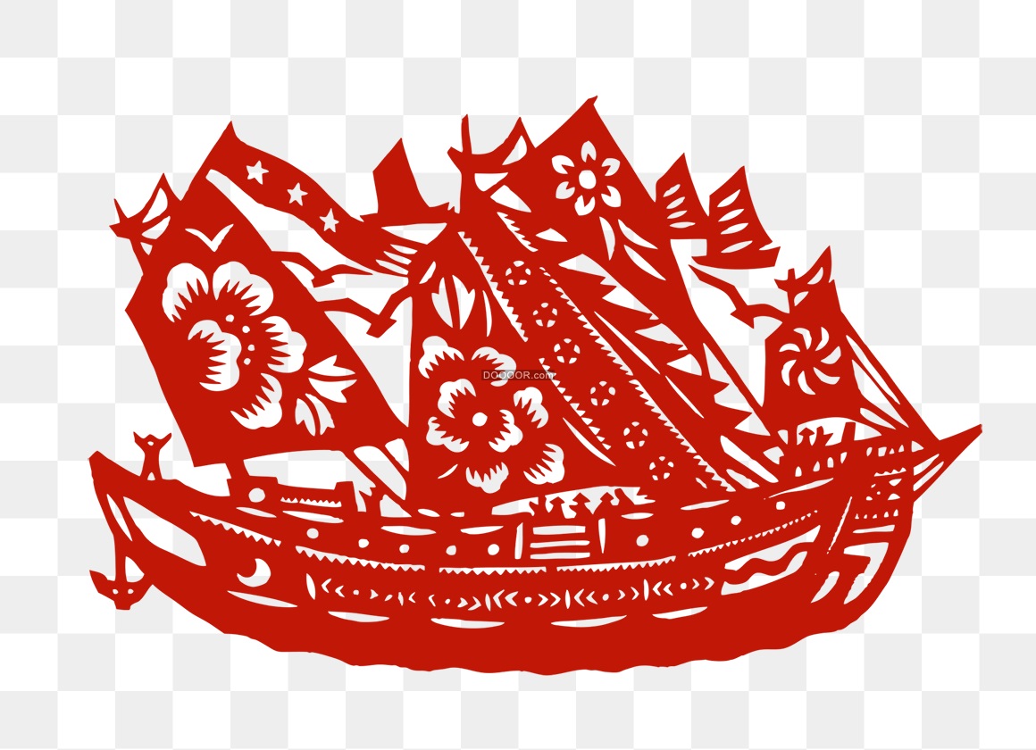 03107_中国风剪纸艺术作品红色的帆船和在大海航行透明PNG素材.jpg