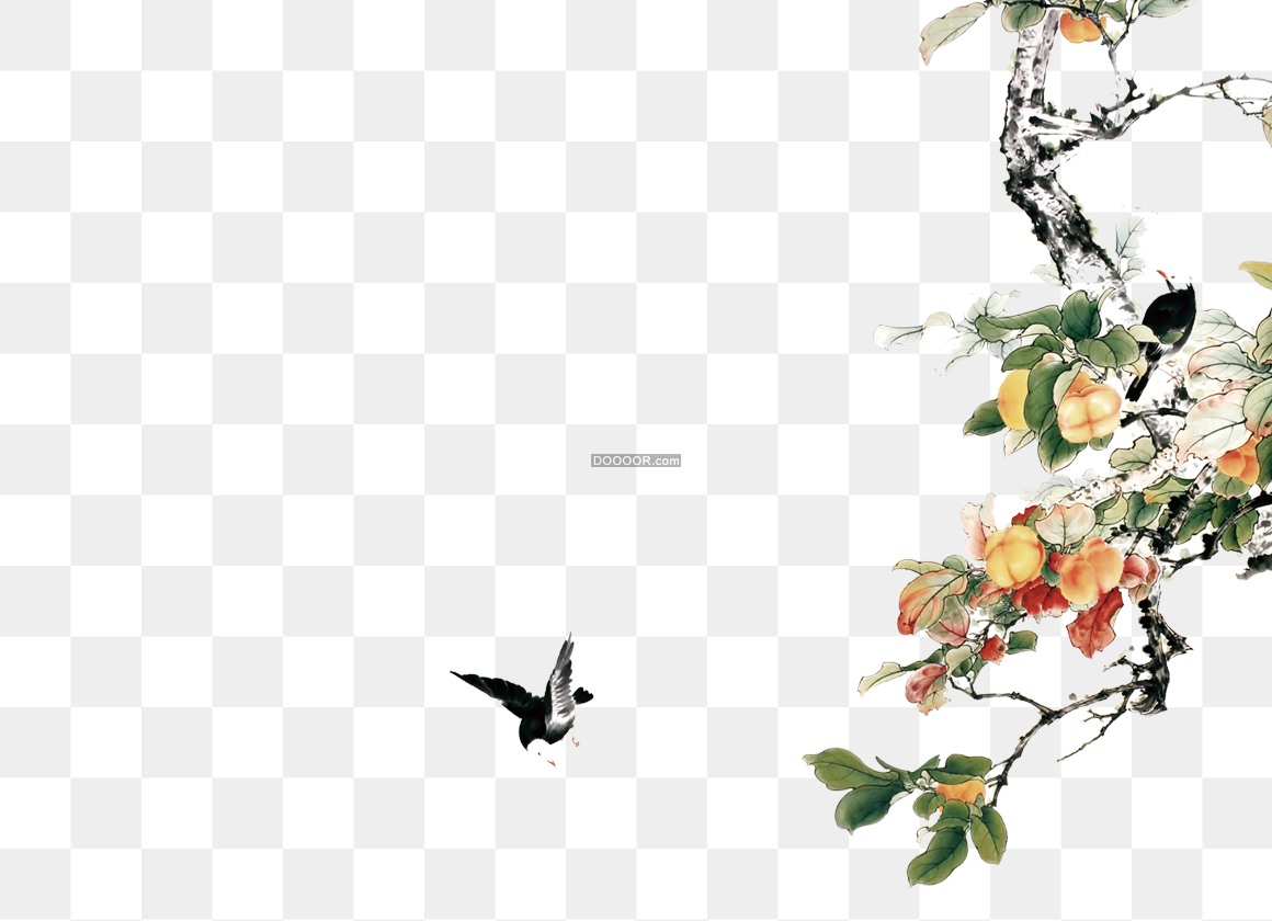 03158_中国风水彩画艺术作品一只小鸟栩栩如生树木果实茂盛高清PNG素材.jpg.jpg