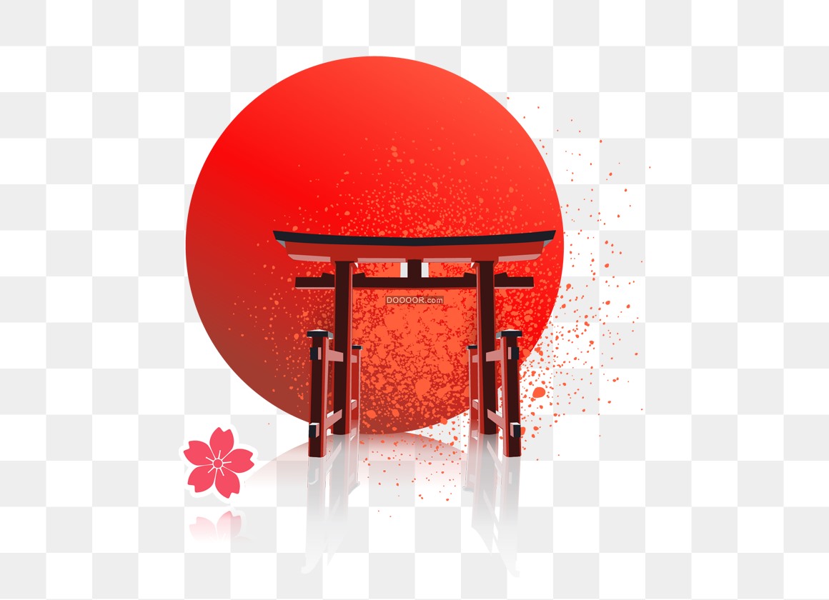 03161_中国风传统风格建筑红色的朝阳粉色的花朵透明PNG素材.jpg