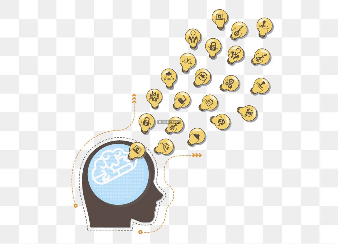03210_创意设计人的大脑中浮现许多小灯泡里面是不同的图案透明PNG素材.jpg.jpg