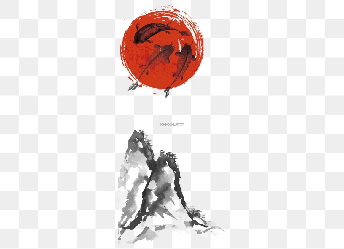 03345_中国风水墨画艺术作品几条畅游的鱼一座巍峨耸立的青山高清PNG素材.jpg.jpg