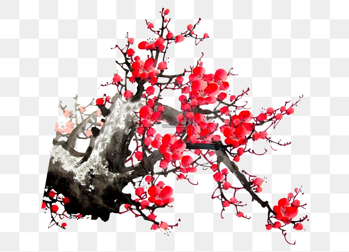 03421_一株黑色的梅花树梅花绽放迎春毛笔画鲜艳的颜色红色免抠PNG素材.jpg.jpg