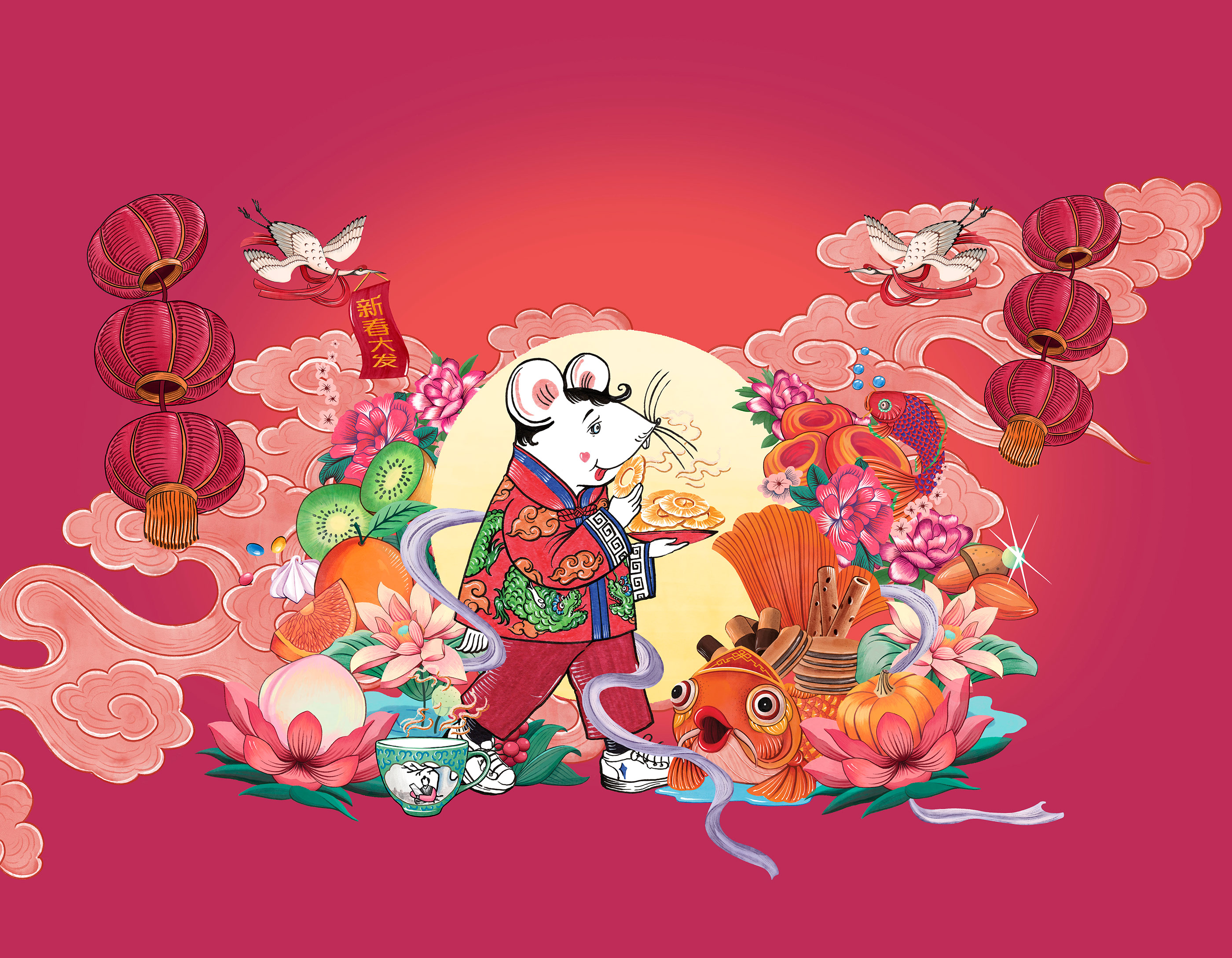 中国新年大鼠幸运花金色水彩画-2.jpg