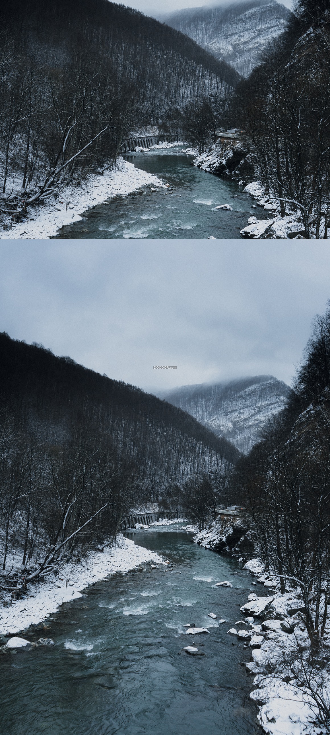 09077_河水清澈两岸积雪树木凋零远处迷雾朦朦.jpg