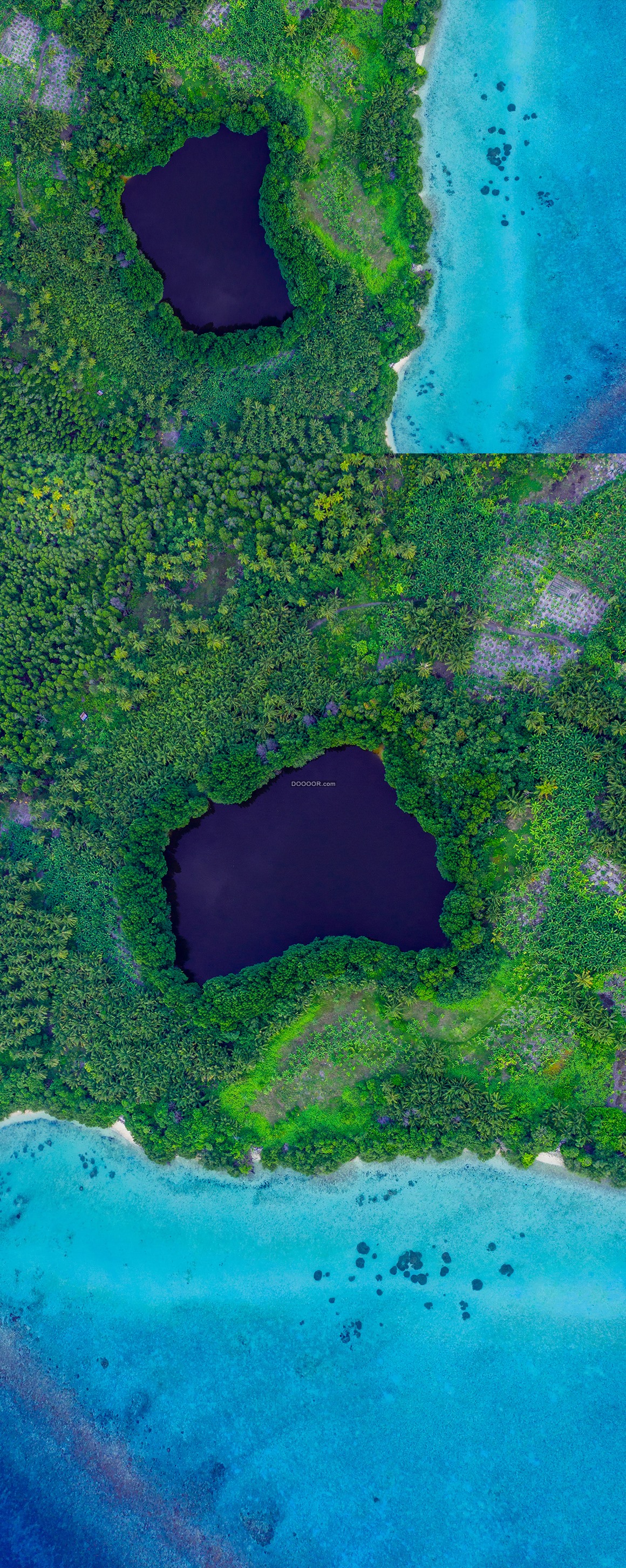 09236_蓝色的海洋绿色的森林环绕着一座小湖泊自然风景.jpg
