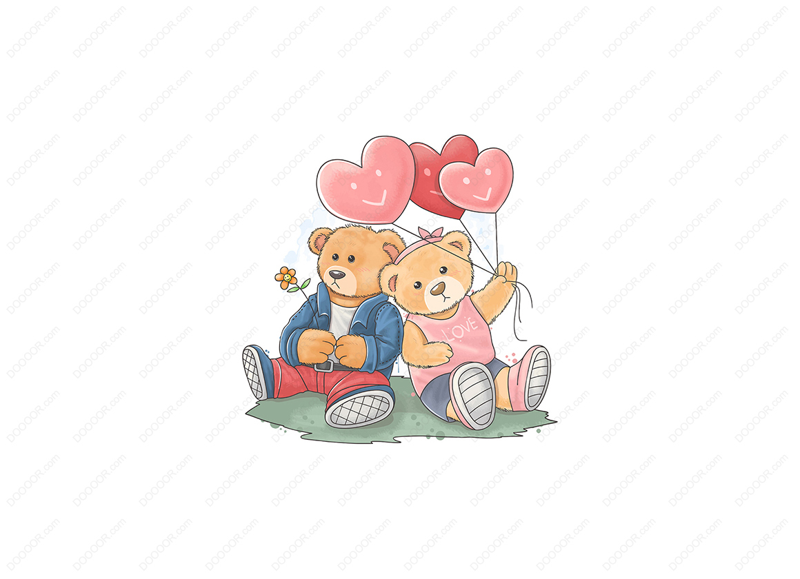 01265_熊泰迪和他的女友穿着摇杆外套微笑的红心气球卡通图片.jpg