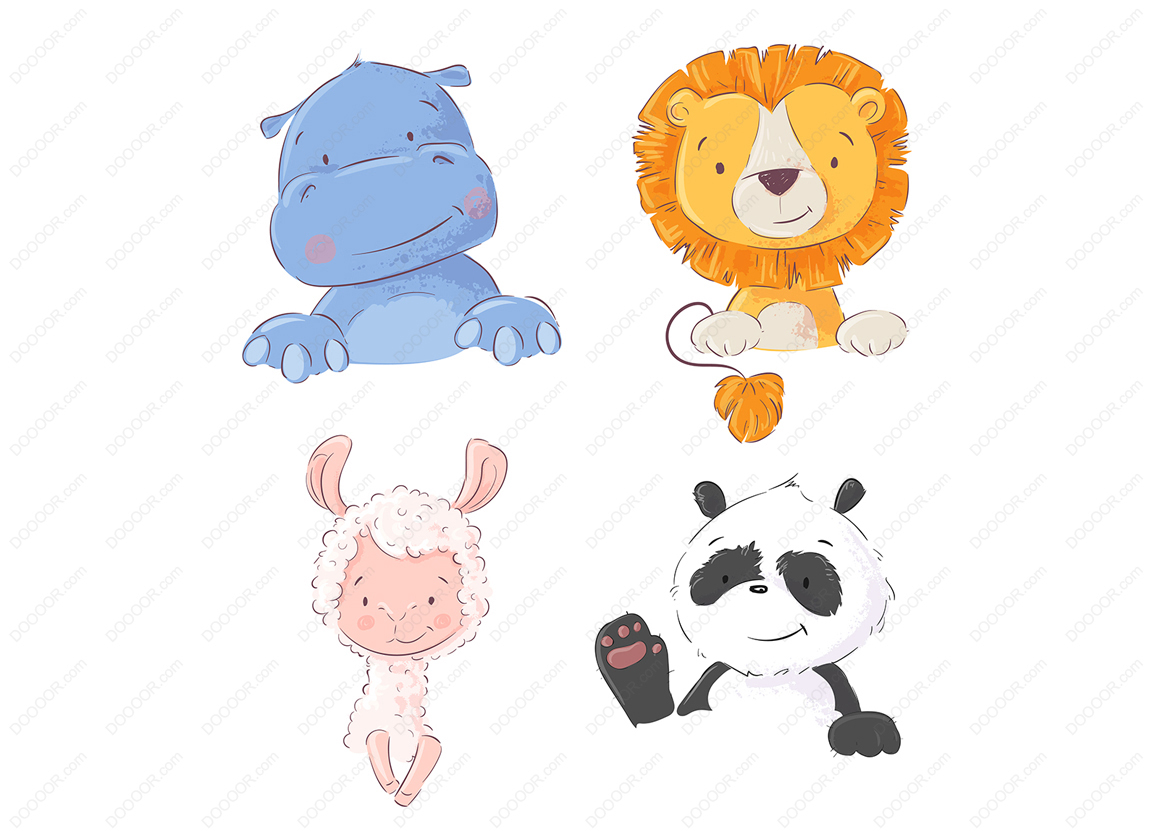01472_套可爱的热带动物河马狮子骆驼和熊猫卡通风格的矢量图.jpg