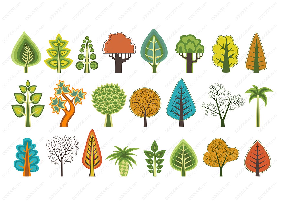 01996_一组平面轮廓的树木多彩形状各异矢量素材.jpg
