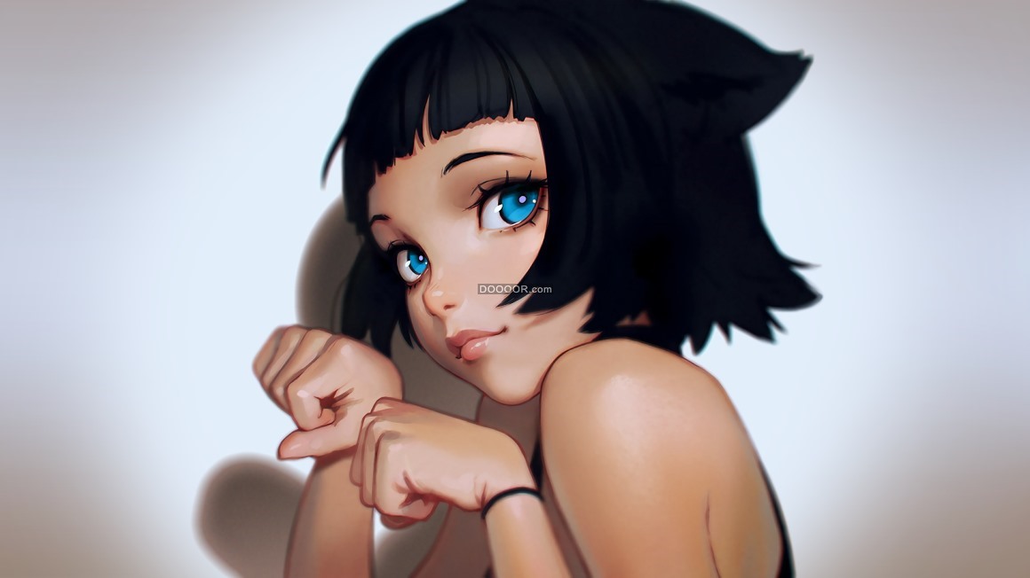 BZ_00123_伊利亚·库夫希诺夫女性蓝眼睛猫女画画脸动物耳朵裸露的肩膀嘴唇鲍勃发型.jpg