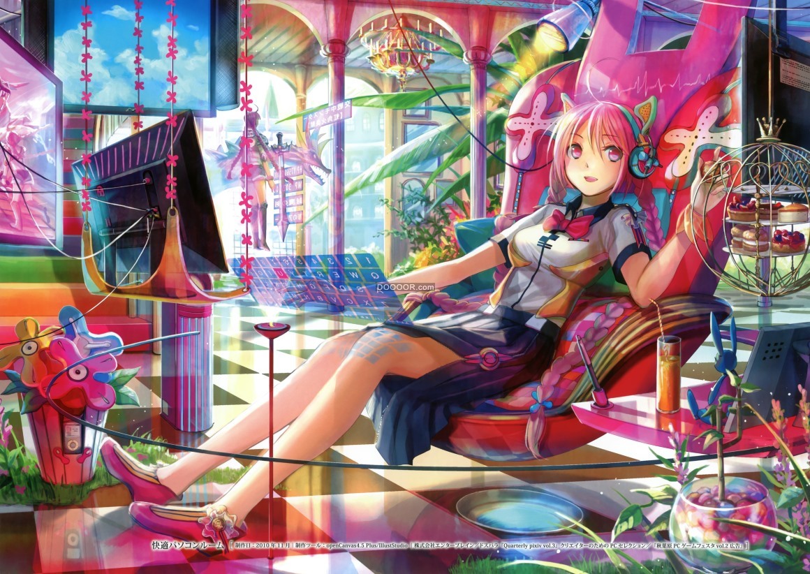 BZ_00160_动漫女孩猫原创角色耳机日本动画片椅子食物粉红色的头发粉红色的眼睛.jpg