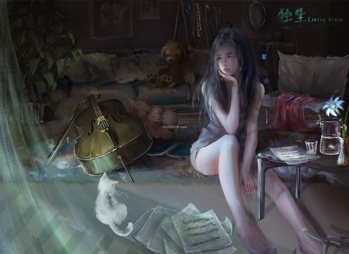 BZ_00201_原创角色高清壁纸本动画片凌乱的房间忧愁的女孩.jpg