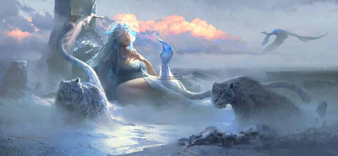 BZ_00268_插图山海经幻想艺术女性幻想女孩动物大猫鸟类闭上眼睛豹孔雀.jpg