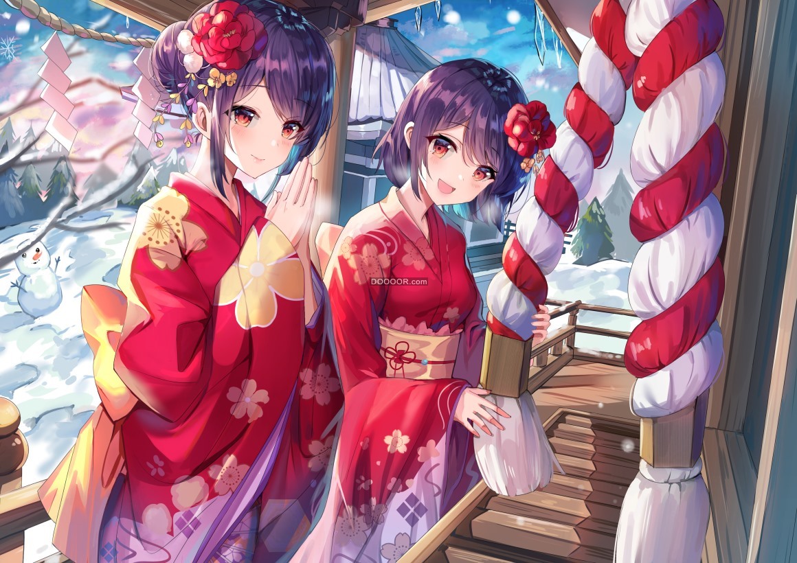 BZ_00350_日本动画片动漫女孩数字艺术高清壁纸紫色头发红眼睛日本服装和服.jpg
