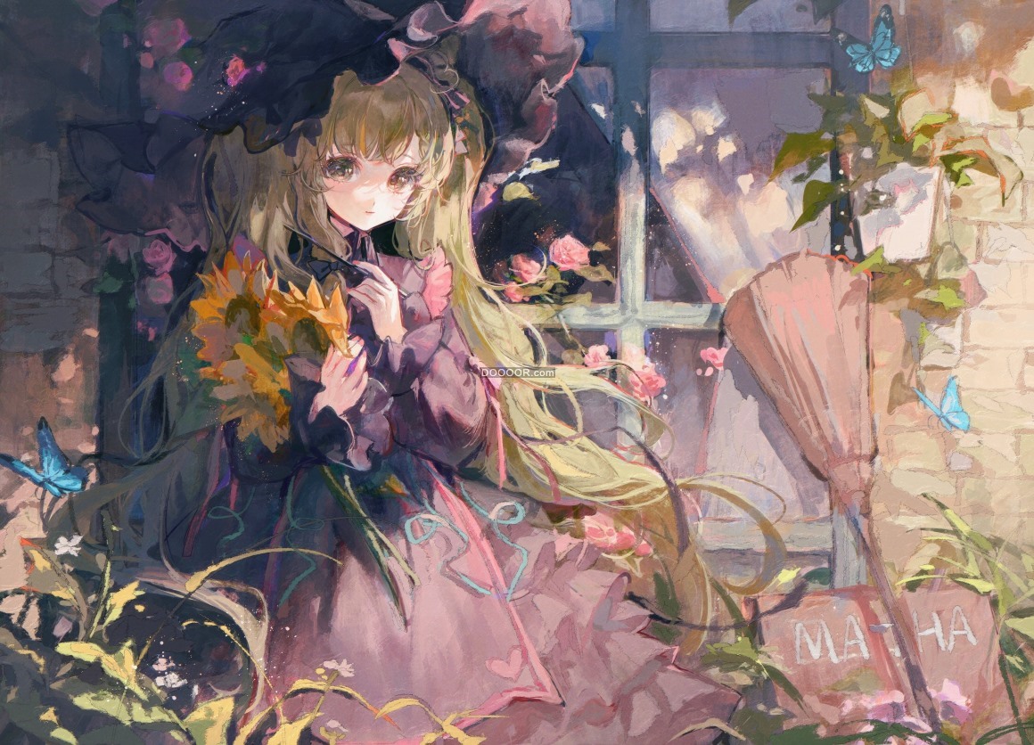 BZ_00371_日本动画片动漫女孩花朵抹茶女巫帽扫帚长发裙子水彩画.jpg