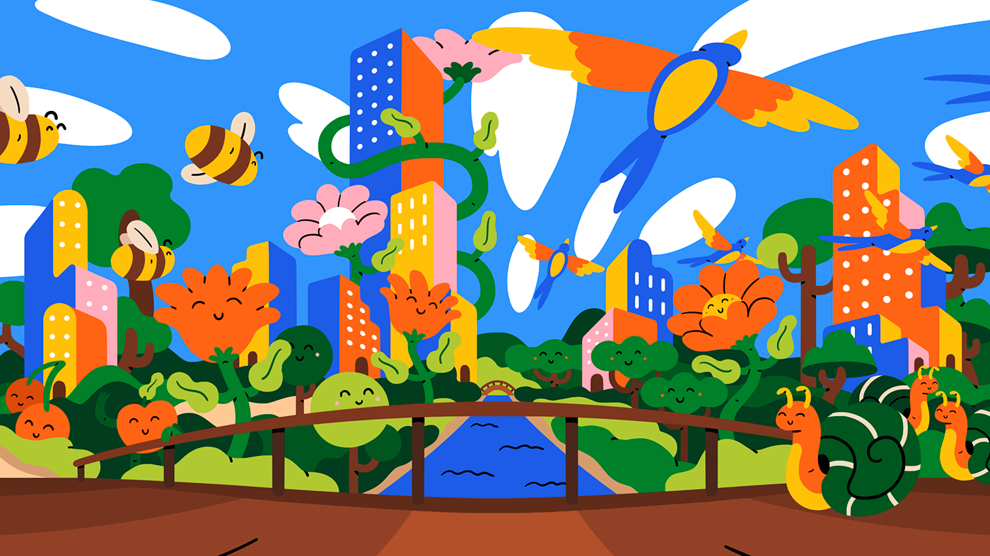 蜜蜂 鸟 地球 花 自然 太阳 树可爱插画-25.png