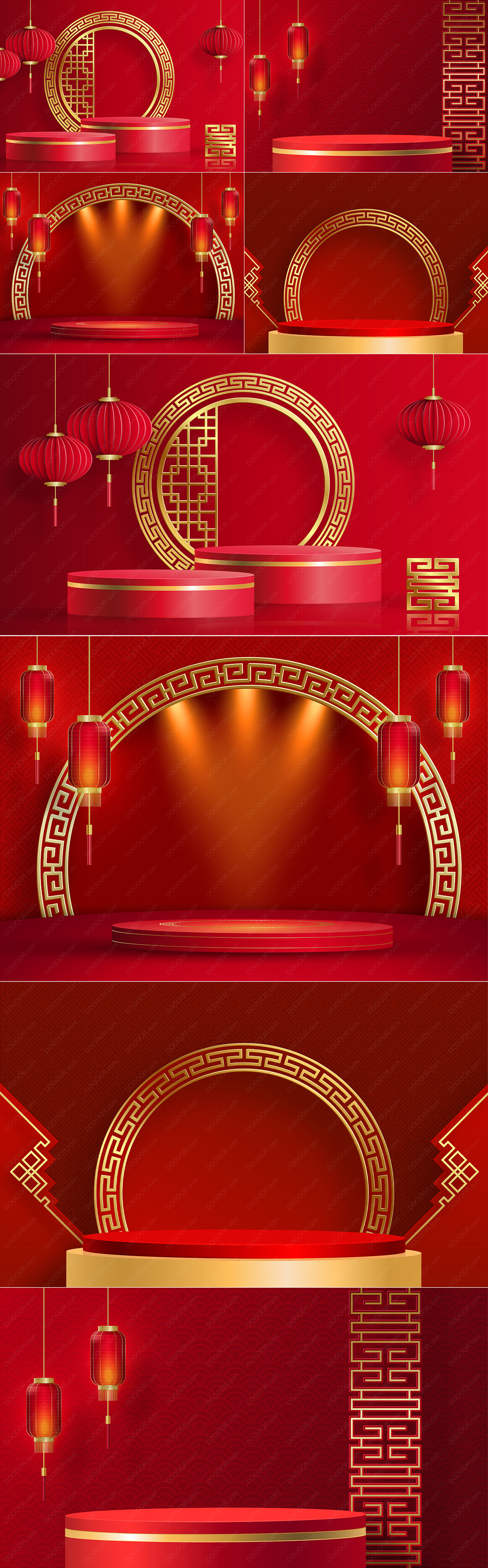 4款中国红传统节日圆形舞台产品展示台圆拱门红灯笼矢量素材.jpg