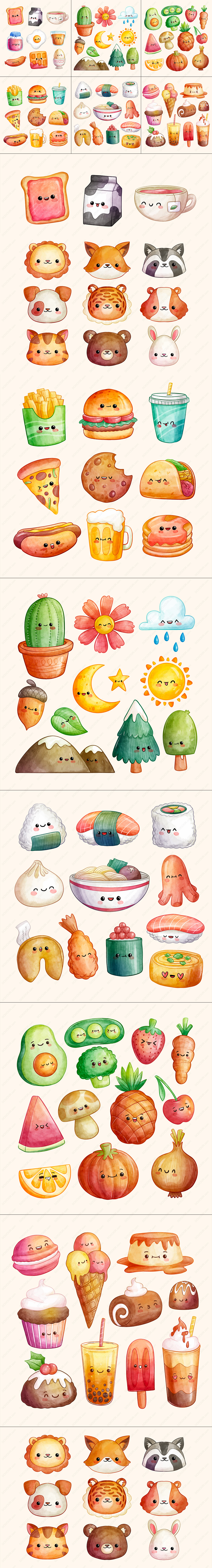 7组可爱拟人化蔬菜水果甜点食物矢量插画素材.jpg