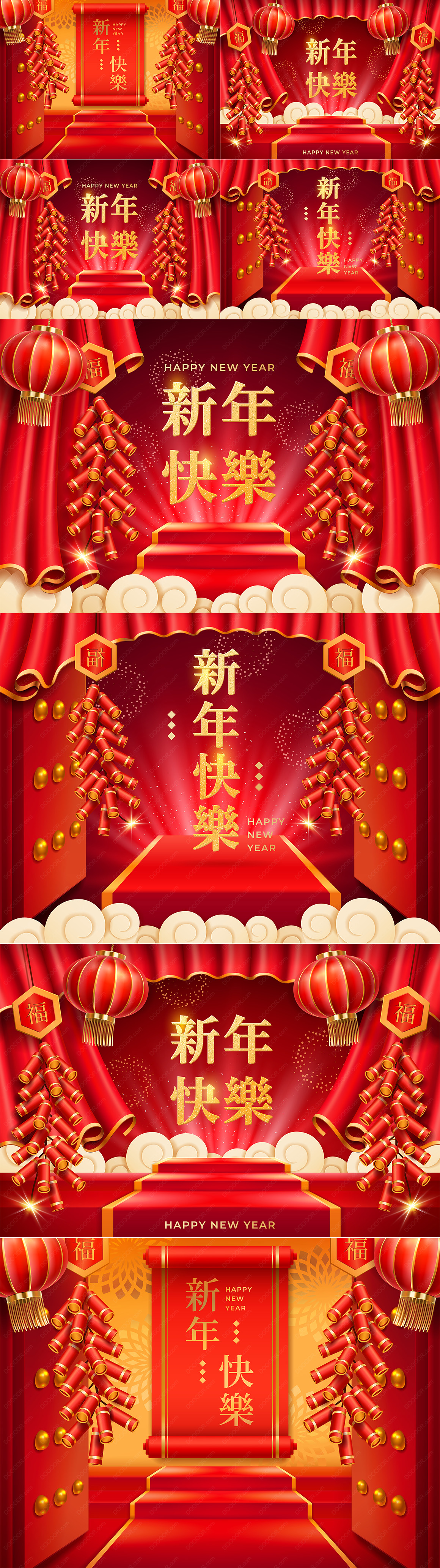 4款中国红春节新年快乐大红门鞭炮灯笼矢量素材.jpg