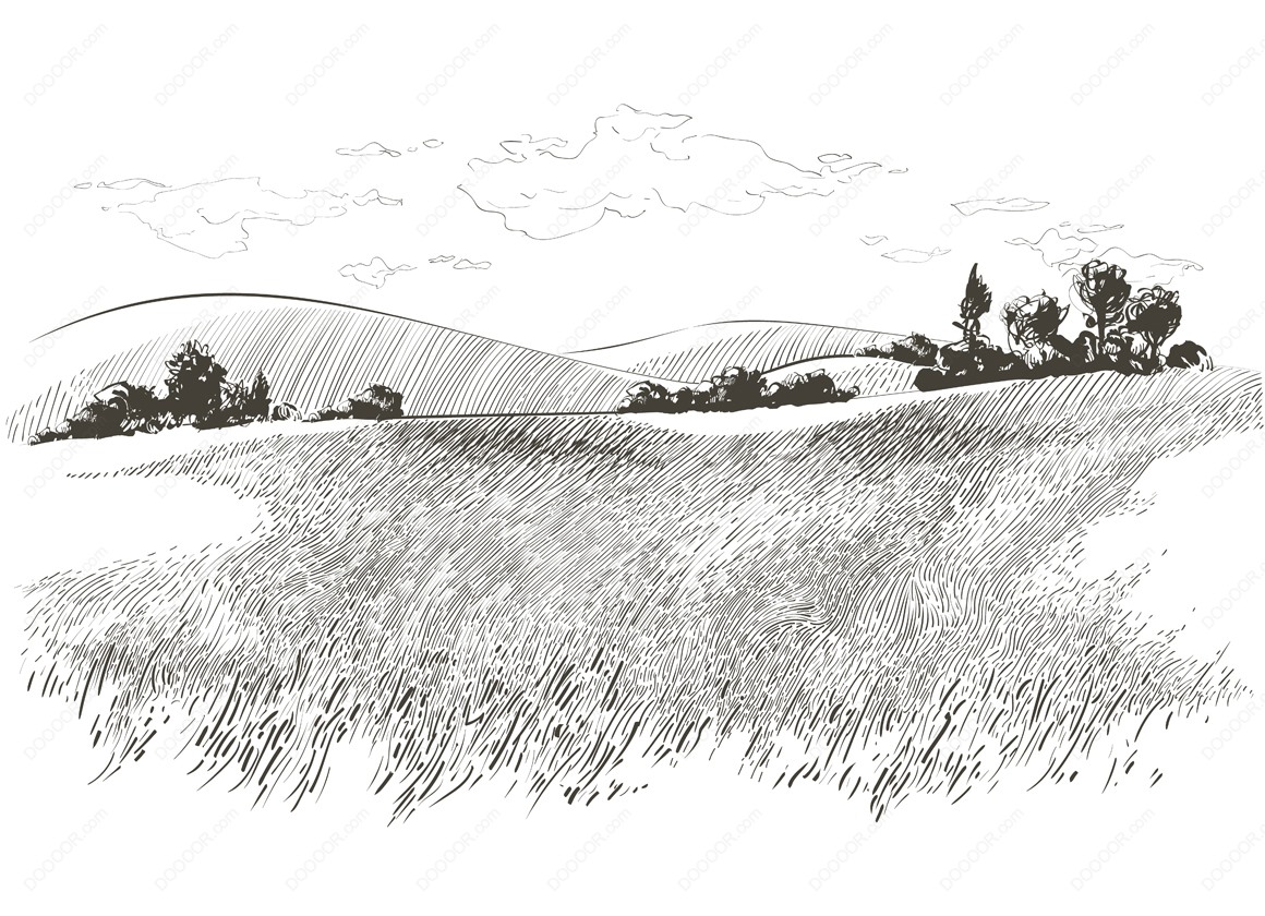 01101_矢量素描绿草地田野小山草甸乡村牧场乡村牧场插图素材.jpg
