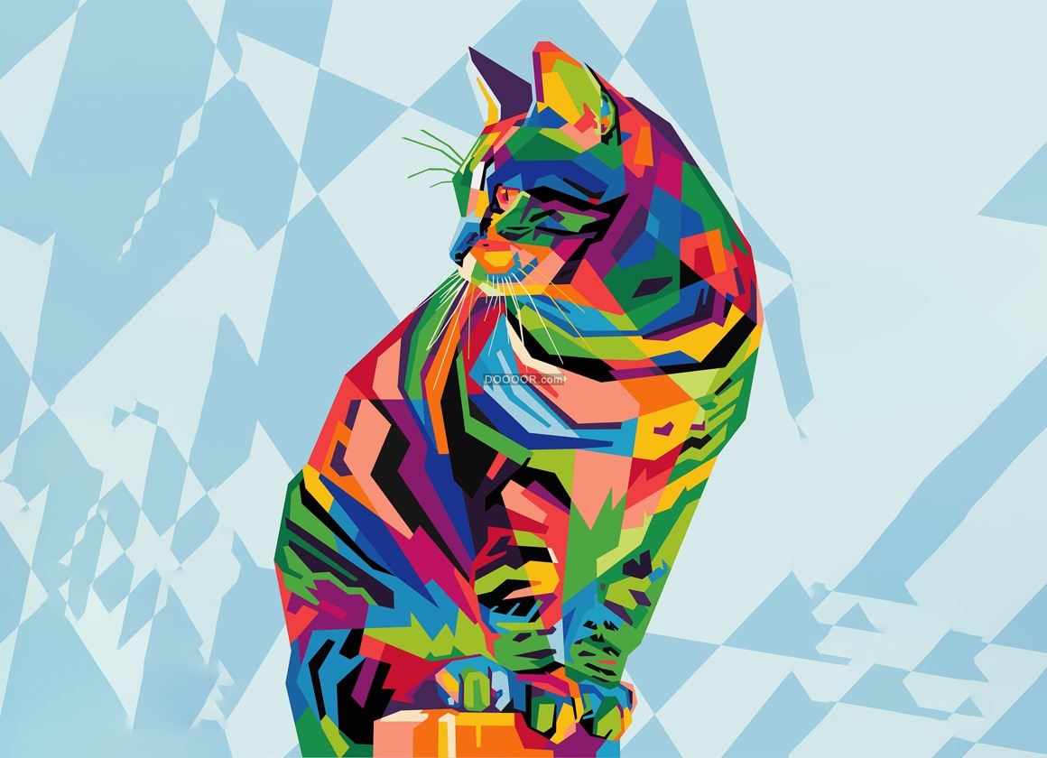 01953_七彩萌猫波普艺术风蓝色几何背景EPS素材.jpg