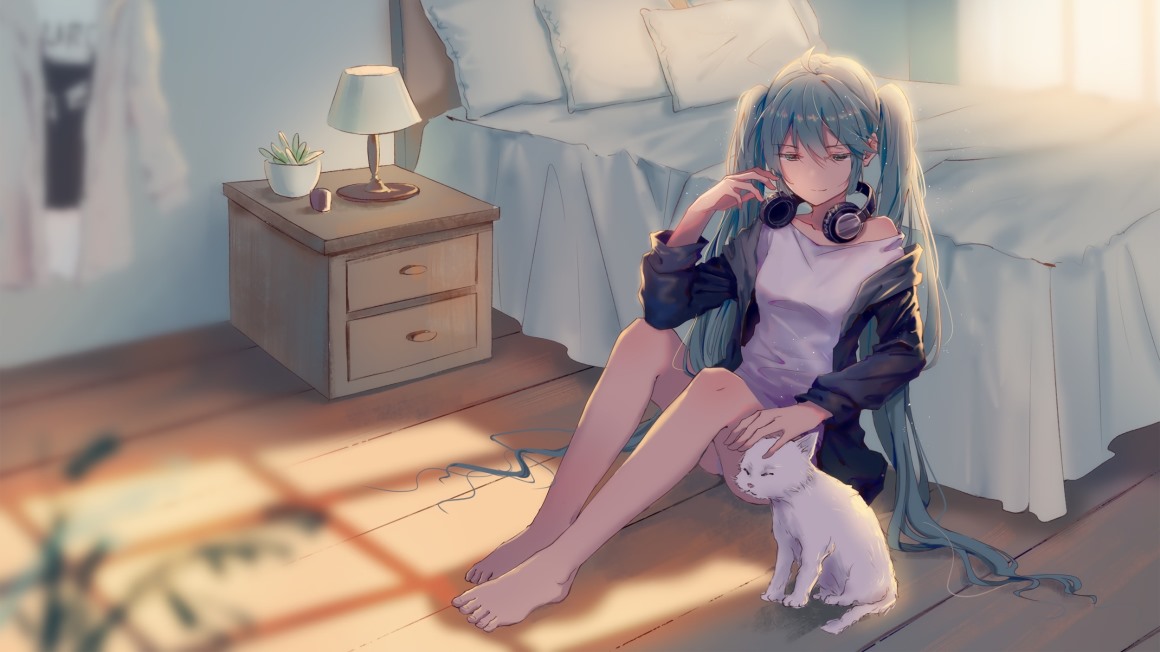 01253_动漫女孩初音未来水色头发赤脚耳机猫动物美女长发VOCALOID.jpg
