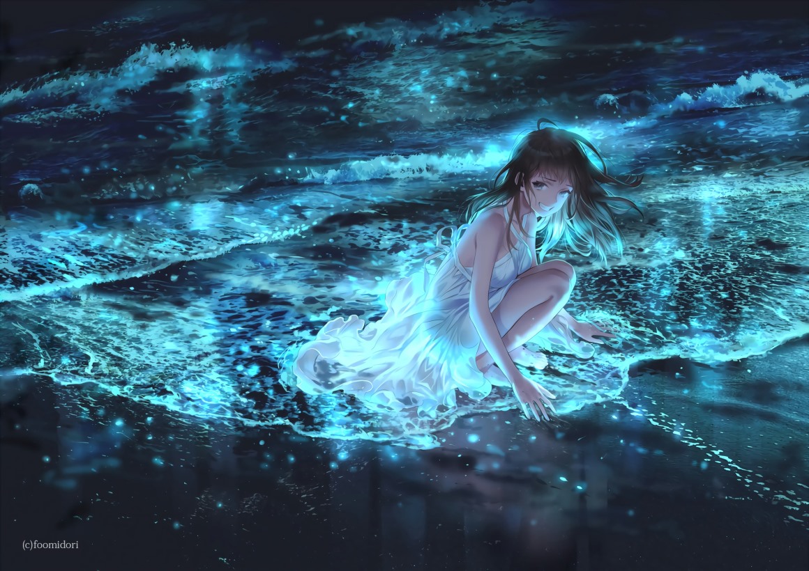 01419_海滩动漫女孩绿符黑发微笑着赤脚裙子太阳裙.jpg