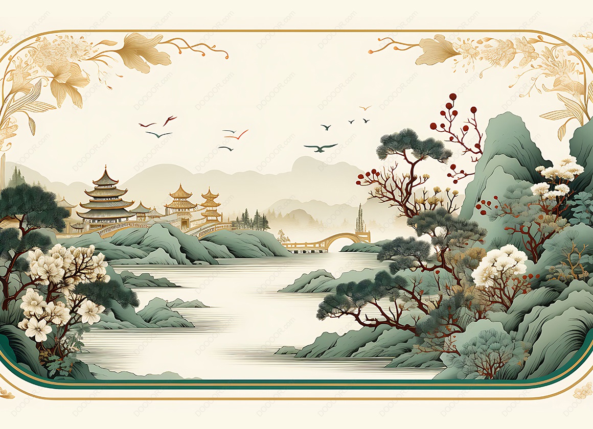 10254_精美典雅创意青色小山树木花鸟画豪华装饰框超清AI绘画素材-02.jpg