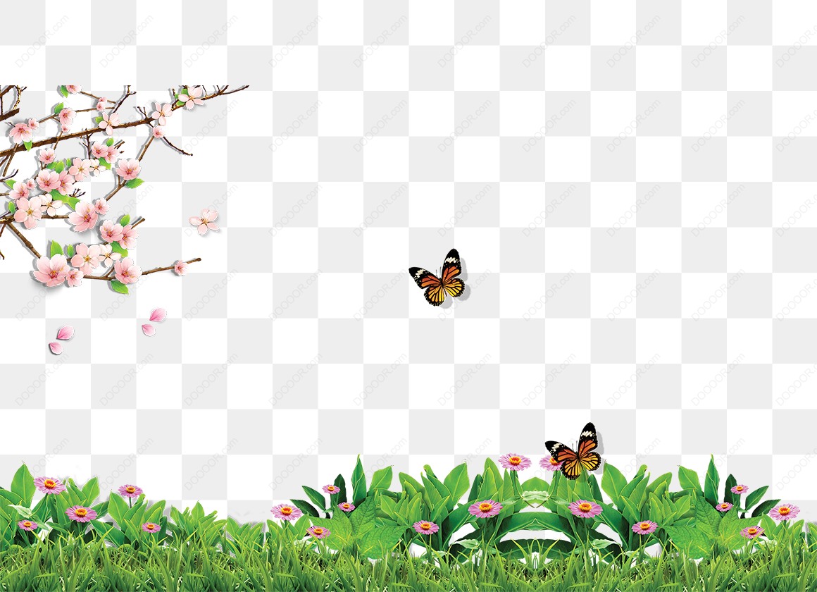 13419_樱花点缀绿色花丛飞舞蝴蝶免扣PNG.jpg