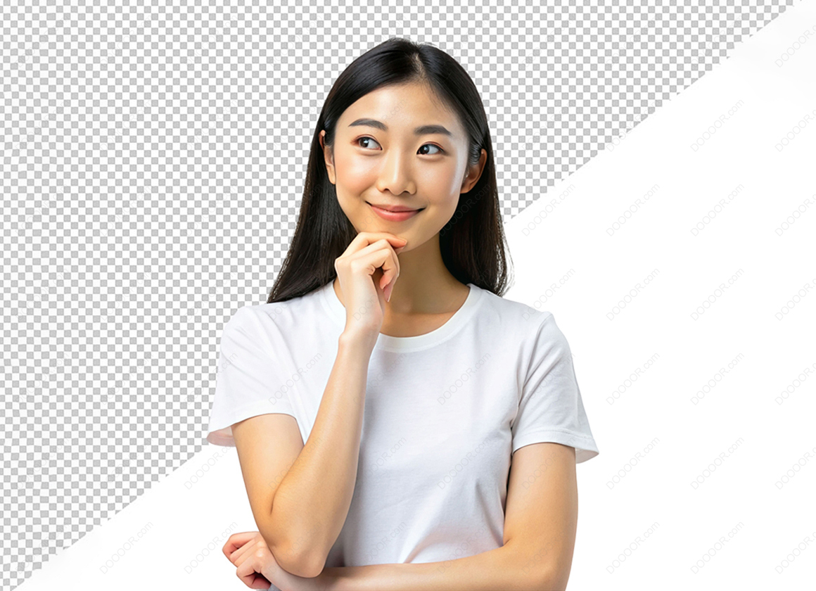 13929_穿白色T恤女性思考PSD人物素材.jpg