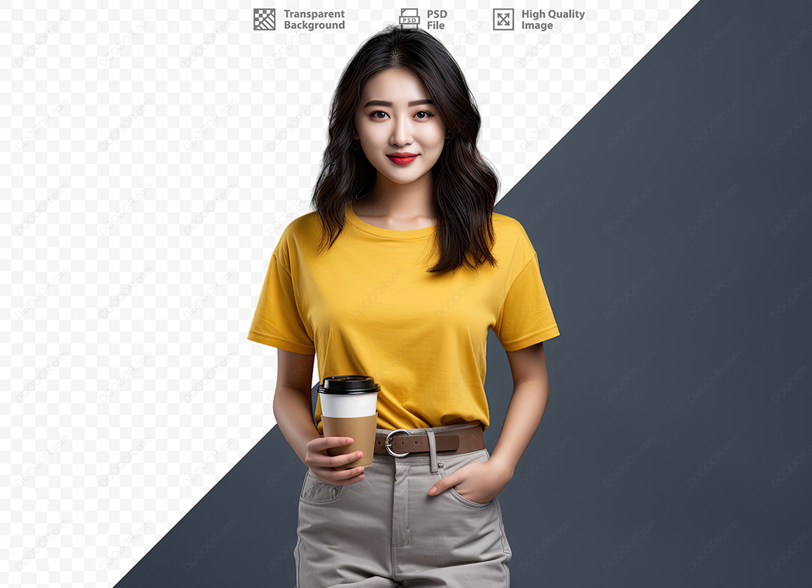 14038_穿黄色短袖的女人拿着杯咖啡PSD人物.jpg